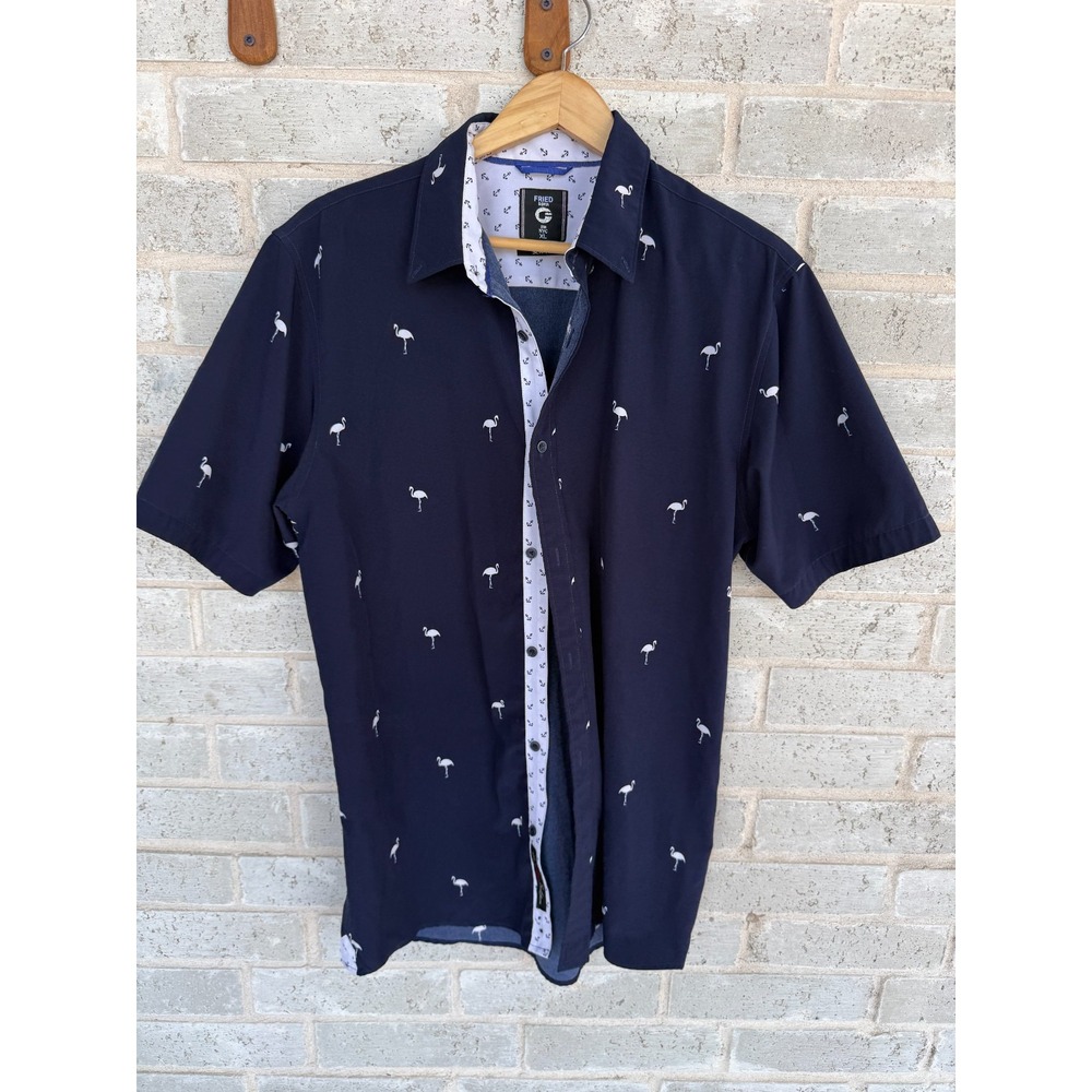 Fried Denim NYC Slim Fit Stretch Flamingo Shirt Mens XL Navy Blue Short Sleeve